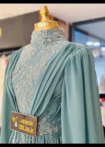 Turkuaz İşlemeli Uzun Kollu Abiye Elbise - Görsel 4