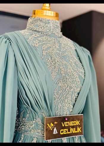 Turkuaz İşlemeli Uzun Kollu Abiye Elbise - Görsel 3