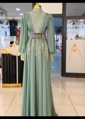 Turkuaz İşlemeli Uzun Kollu Abiye Elbise - Görsel 2