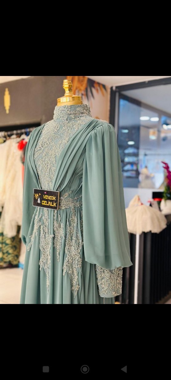 Turkuaz İşlemeli Uzun Kollu Abiye Elbise - Görsel 5