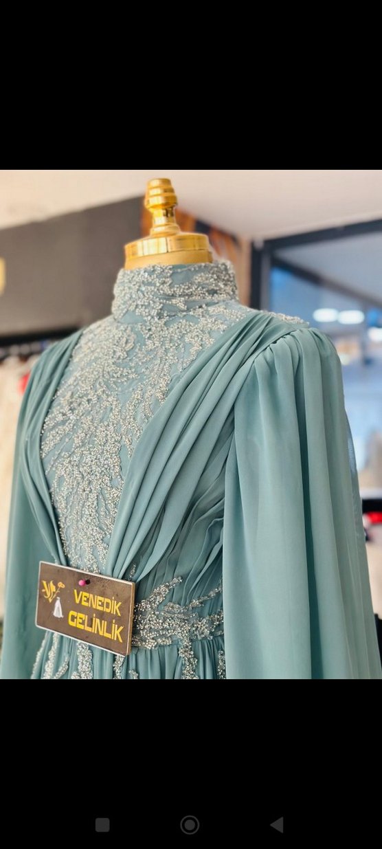 Turkuaz İşlemeli Uzun Kollu Abiye Elbise - Görsel 4