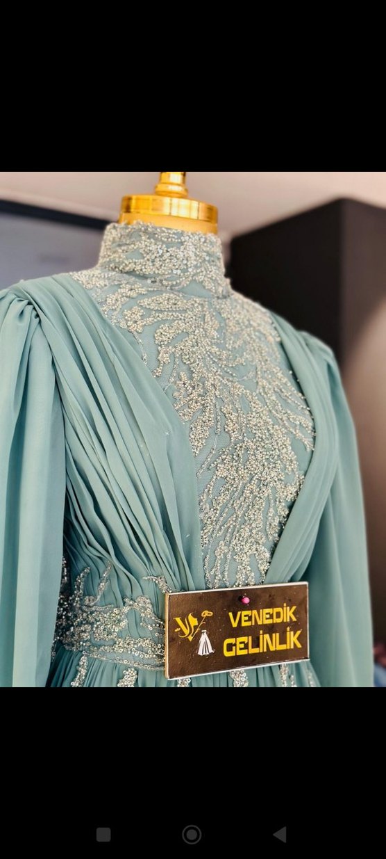 Turkuaz İşlemeli Uzun Kollu Abiye Elbise - Görsel 3