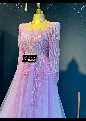 Pembe Pul İşlemeli Uzun Kollu Abiye Elbise - Görsel 2