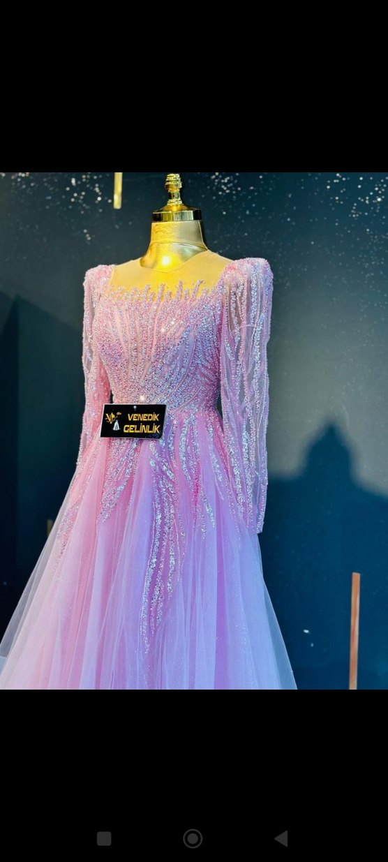 Pembe Pul İşlemeli Uzun Kollu Abiye Elbise - Görsel 2