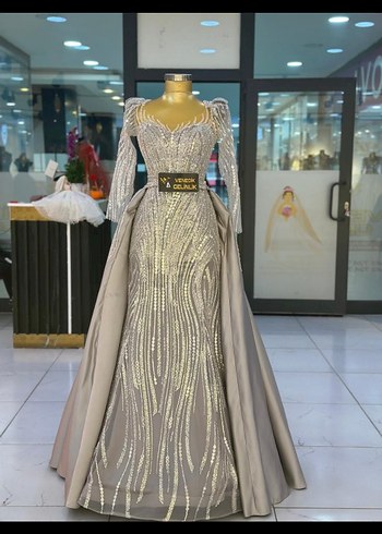 Payetli Uzun Kollu V Yaka Abiye Elbise - Görsel 3