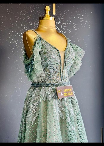 İşlemeli V Yaka Turkuaz Uzun Abiye - Görsel 3