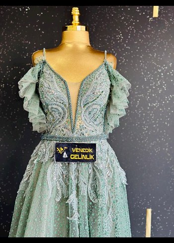 İşlemeli V Yaka Turkuaz Uzun Abiye - Görsel 2