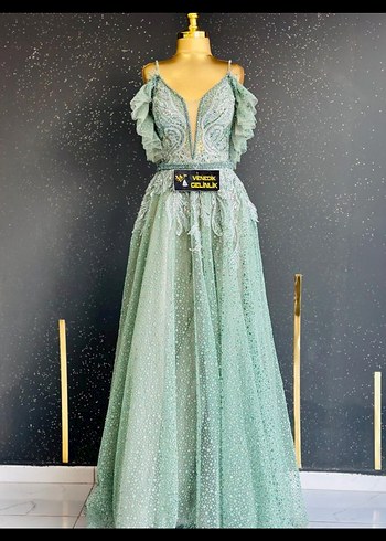 İşlemeli V Yaka Turkuaz Uzun Abiye - Görsel 4