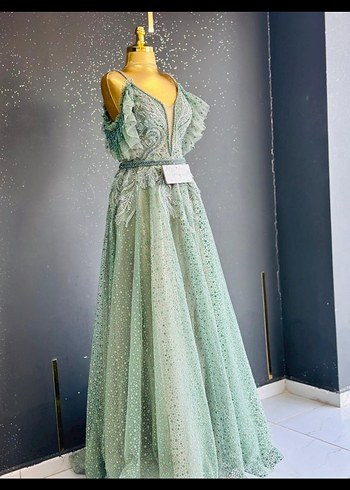 İşlemeli V Yaka Turkuaz Uzun Abiye - Görsel 5