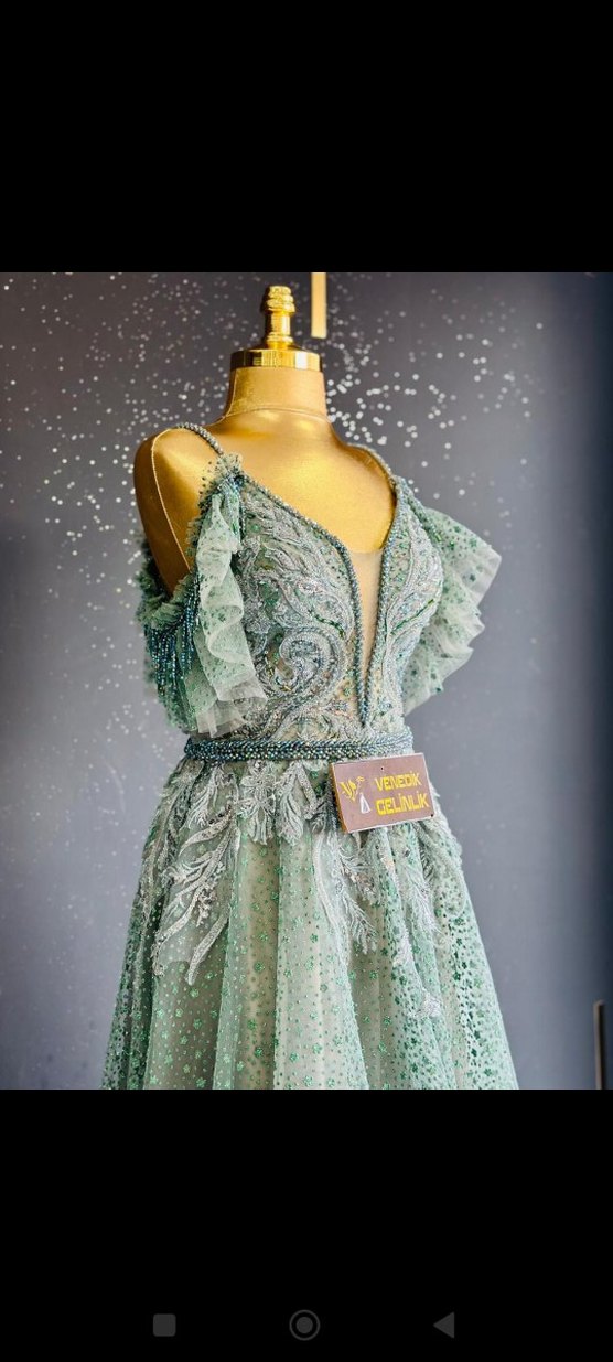 İşlemeli V Yaka Turkuaz Uzun Abiye - Görsel 3