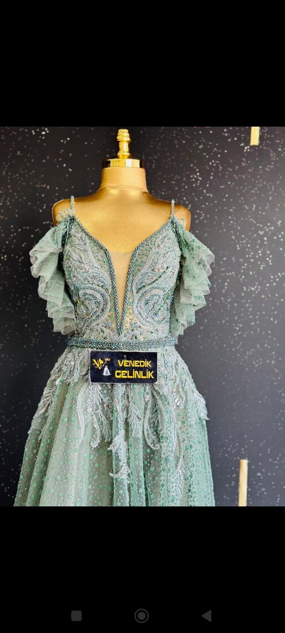 İşlemeli V Yaka Turkuaz Uzun Abiye - Görsel 2