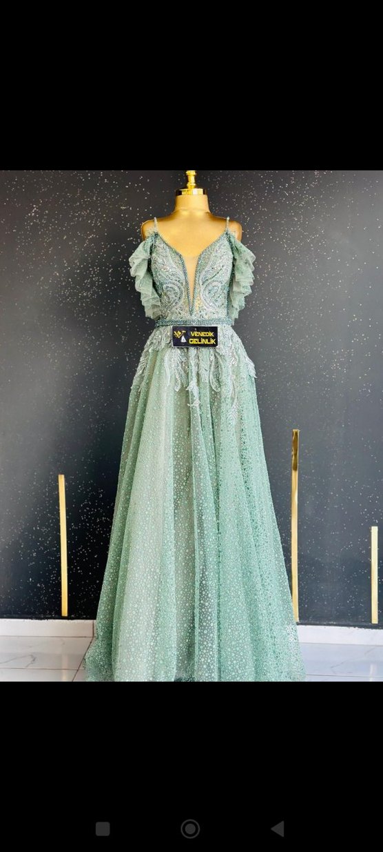 İşlemeli V Yaka Turkuaz Uzun Abiye - Görsel 4