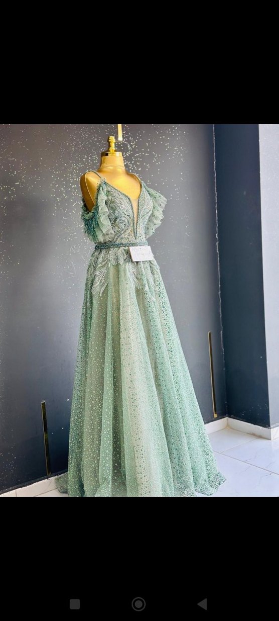 İşlemeli V Yaka Turkuaz Uzun Abiye - Görsel 5