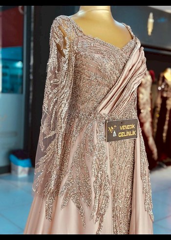 Bej İşlemeli Uzun Kollu Abiye Elbise - Görsel 4