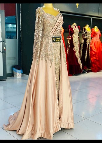 Bej İşlemeli Uzun Kollu Abiye Elbise - Görsel 2