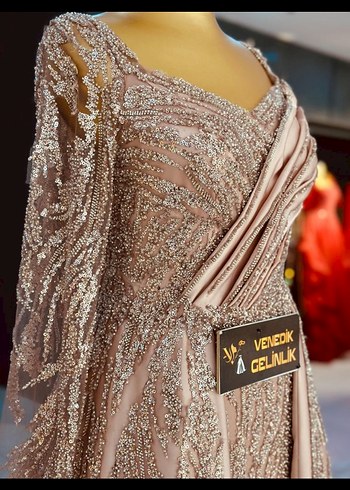 Bej İşlemeli Uzun Kollu Abiye Elbise - Görsel 5