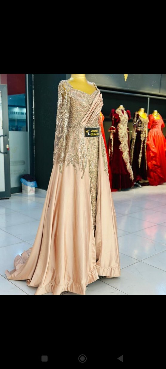 Bej İşlemeli Uzun Kollu Abiye Elbise - Görsel 2