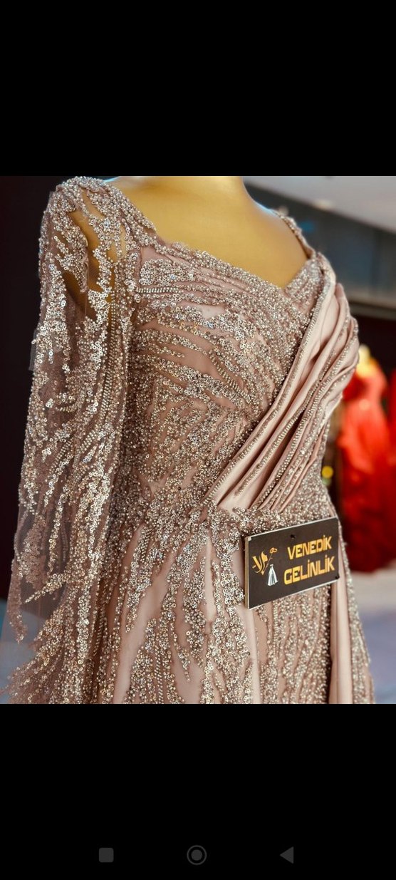 Bej İşlemeli Uzun Kollu Abiye Elbise - Görsel 5