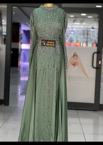 Kadın Uzun Kol Boncuk İşlemeli Abiye Elbise - Görsel 3