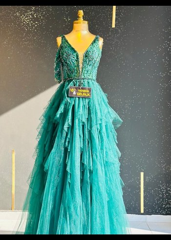 Parlak Turkuaz Drapeli Uzun Abiye Elbise - Görsel 2