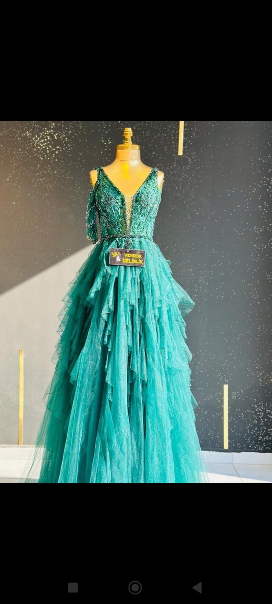 Parlak Turkuaz Drapeli Uzun Abiye Elbise - Görsel 2