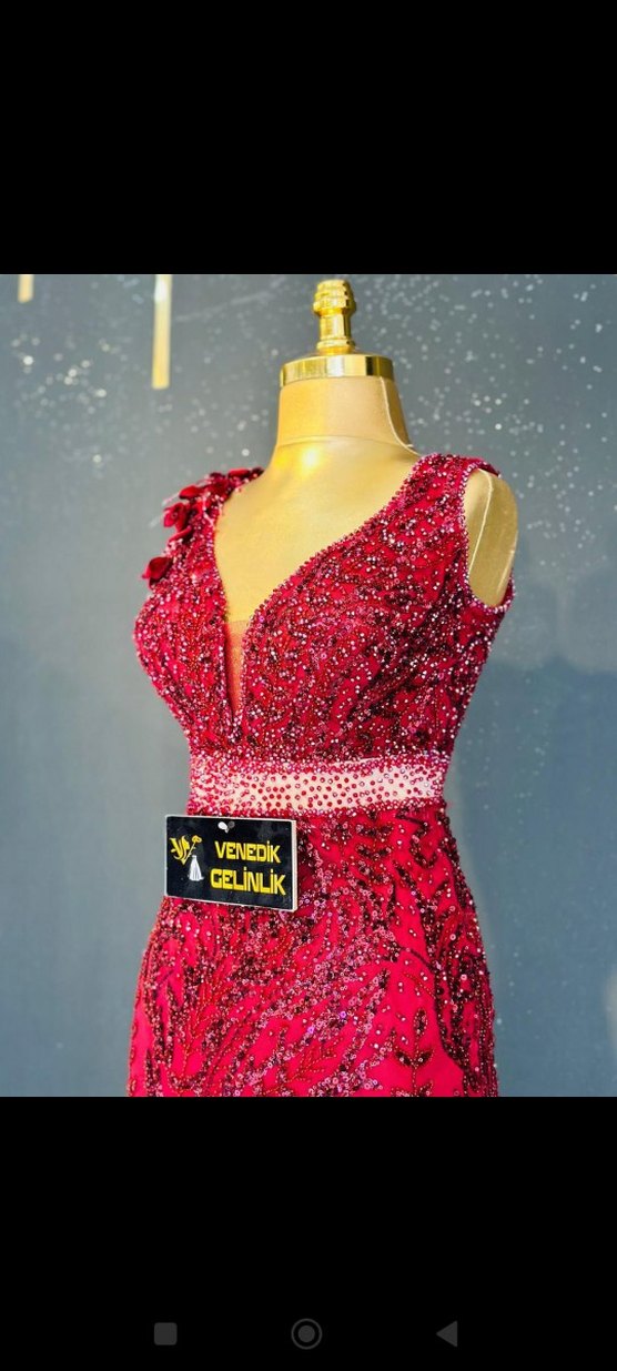 Payetli Bordo Mini V Yaka Abiye Elbise - Görsel 2