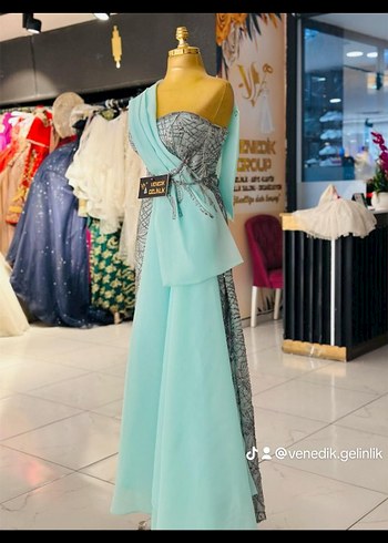 Turkuaz Drapeli Straplez Uzun Abiye Elbise - Görsel 5