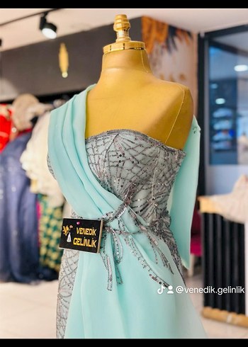 Turkuaz Drapeli Straplez Uzun Abiye Elbise - Görsel 4