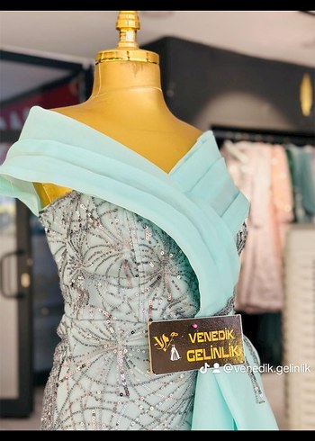 Turkuaz Drapeli Straplez Uzun Abiye Elbise - Görsel 3