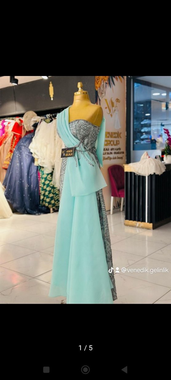 Turkuaz Drapeli Straplez Uzun Abiye Elbise - Görsel 5