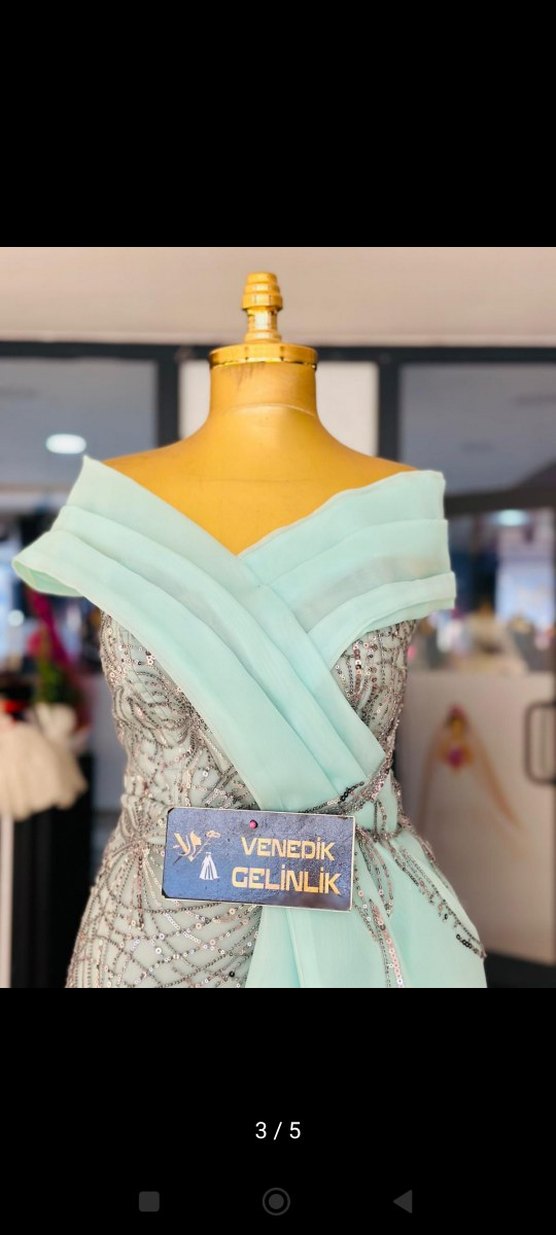 Turkuaz Drapeli Straplez Uzun Abiye Elbise - Görsel 2