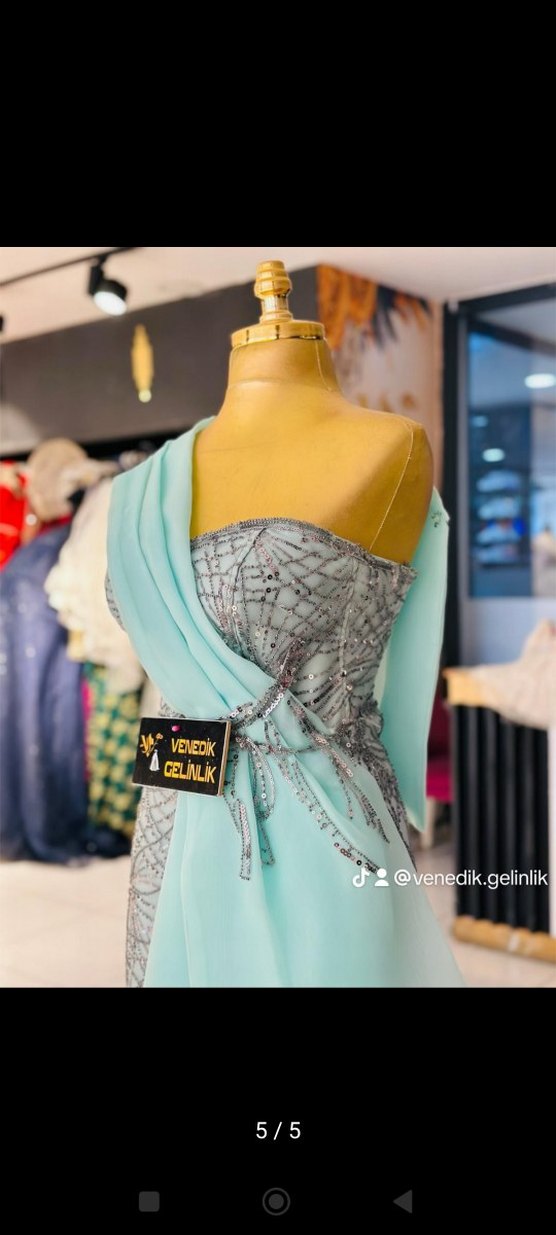 Turkuaz Drapeli Straplez Uzun Abiye Elbise - Görsel 4