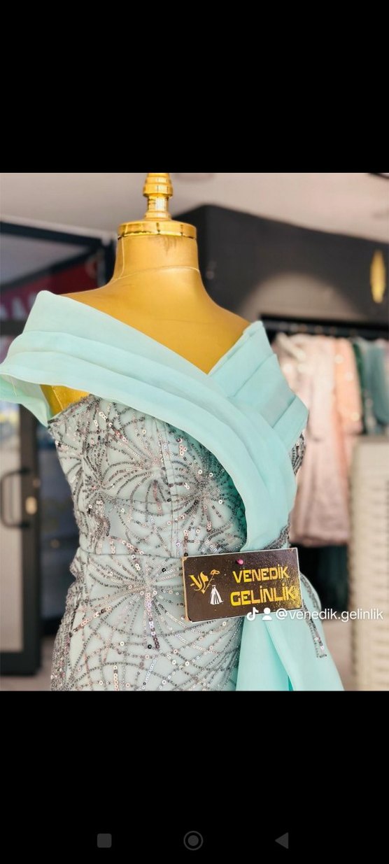 Turkuaz Drapeli Straplez Uzun Abiye Elbise - Görsel 3