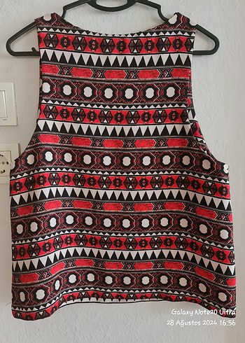 H&M Kırmızı Bohem Desenli Kolsuz Bluz - Görsel 3