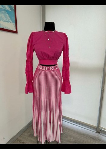Twist Pembe Pilili Uzun Etek