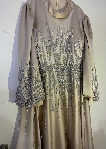 62 beden Bej İşlemeli Uzun Kollu Abiye Elbise - Görsel 3