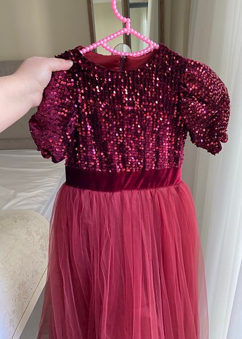 Bordo Parlak Kısa Kollu Çocuk Abiye Elbise - Görsel 2