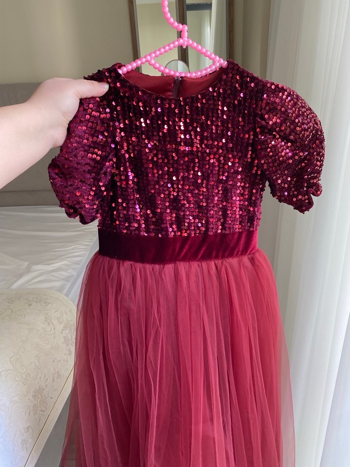 Bordo Parlak Kısa Kollu Çocuk Abiye Elbise - Görsel 2