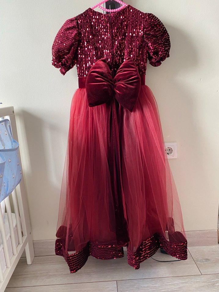 Bordo Parlak Kısa Kollu Çocuk Abiye Elbise - Görsel 3