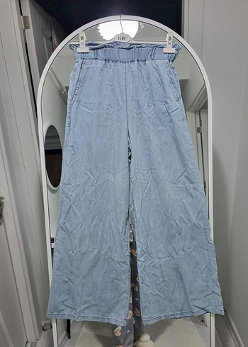 Kadın Mavi Bol Kesim Kemerli Uzun Kot Pantolon