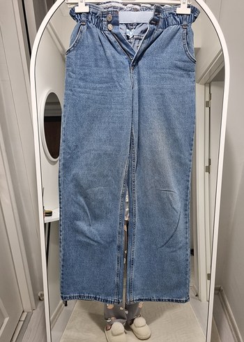 Kadın Mavi Bel Detaylı Midi Kot Pantolon