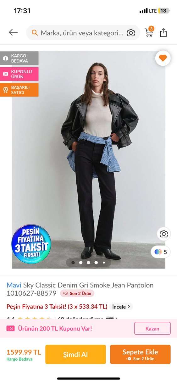 Mavi Siyah Düğmeli Denim Pantolon - Görsel 4