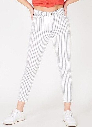Addax Yüksek bel çizgili skinny beyaz pantalon