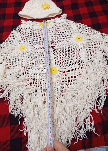 Nakışlı Beyaz Örgü Kız Panço ve Şapka - Görsel 2