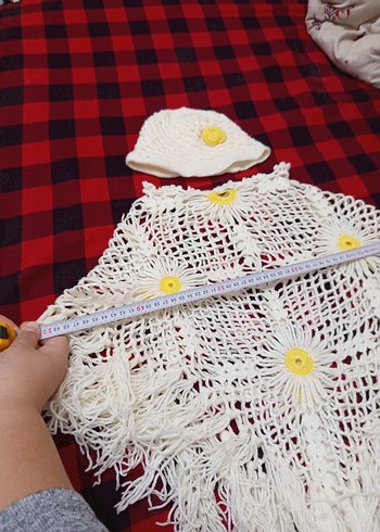 Nakışlı Beyaz Örgü Kız Panço ve Şapka - Görsel 3