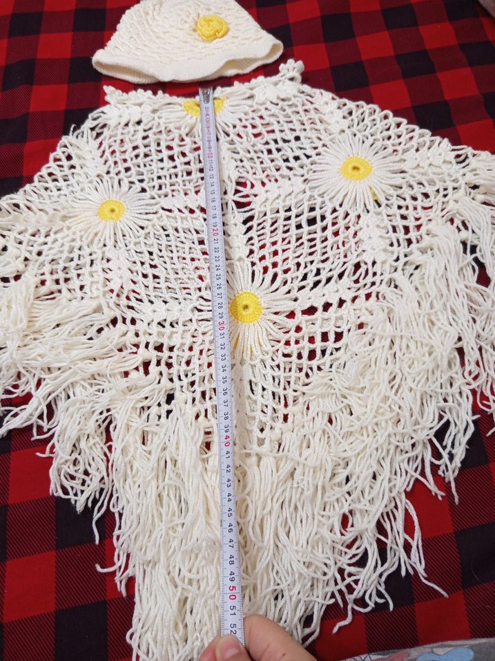 Nakışlı Beyaz Örgü Kız Panço ve Şapka - Görsel 2