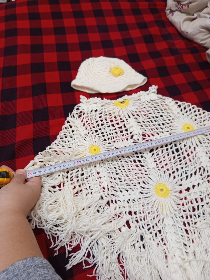 Nakışlı Beyaz Örgü Kız Panço ve Şapka - Görsel 3