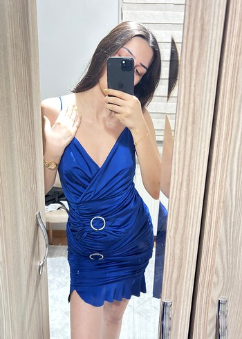 xs Beden Parlak Mavi Drapeli Mini Elbise