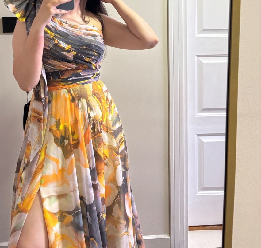 Sarı Gri Drapeli Uzun tek omuz Elbise - Görsel 4