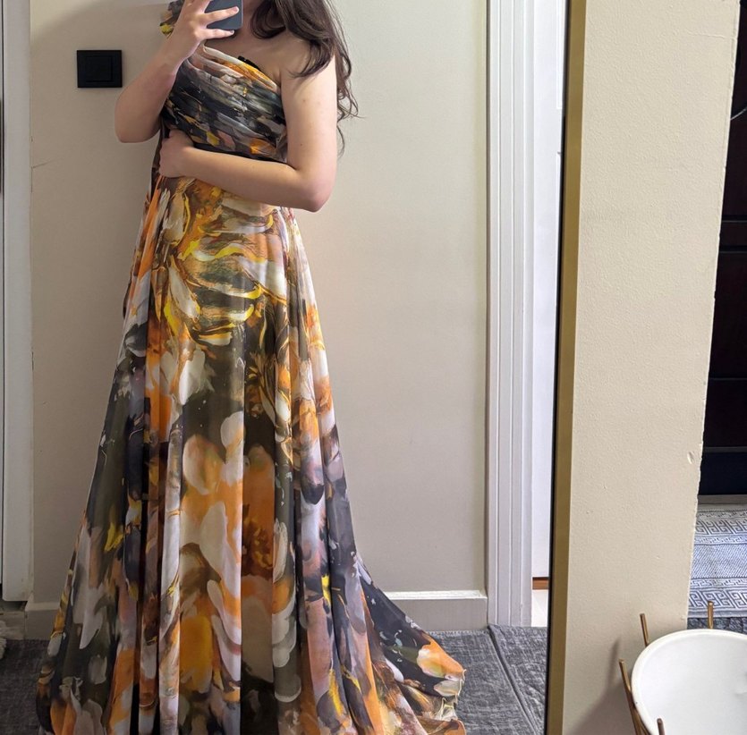 Sarı Gri Drapeli Uzun tek omuz Elbise - Görsel 3